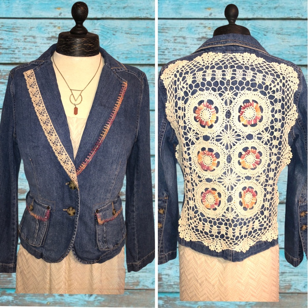 Upcycled Vintage Crochet Lace Denim Blazer